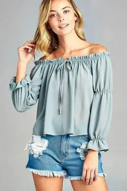 Women's Puff Long Sleeve Ruffled Front Tie Off Shoulder Top - Femstylo