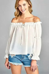 Women's Puff Long Sleeve Ruffled Front Tie Off Shoulder Top - Femstylo