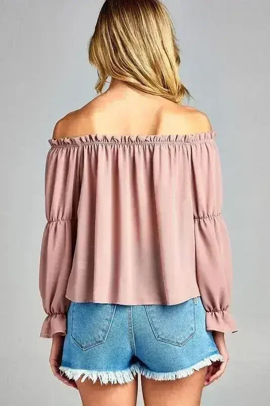 Women's Puff Long Sleeve Ruffled Front Tie Off Shoulder Top - Femstylo
