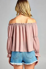 Women's Puff Long Sleeve Ruffled Front Tie Off Shoulder Top - Femstylo