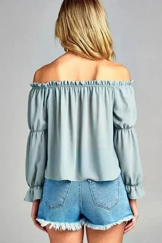Women's Puff Long Sleeve Ruffled Front Tie Off Shoulder Top - Femstylo