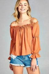 Women's Puff Long Sleeve Ruffled Front Tie Off Shoulder Top - Femstylo