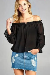 Women's Puff Long Sleeve Ruffled Front Tie Off Shoulder Top - Femstylo