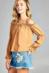 Women's Puff Long Sleeve Ruffled Front Tie Off Shoulder Top - Femstylo