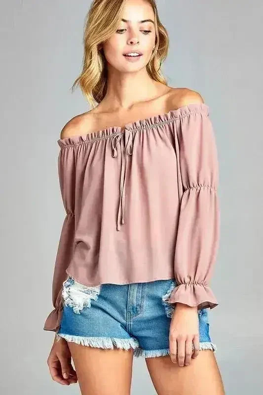 Women's Puff Long Sleeve Ruffled Front Tie Off Shoulder Top - Femstylo
