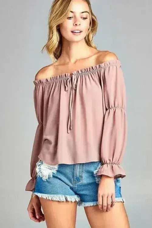 Women's Puff Long Sleeve Ruffled Front Tie Off Shoulder Top - Femstylo