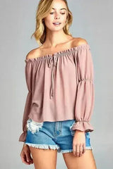 Women's Puff Long Sleeve Ruffled Front Tie Off Shoulder Top - Femstylo
