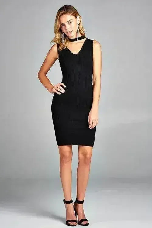 Women's Sleeveless V-Neck Choker Sweater Dress - Femstylo
