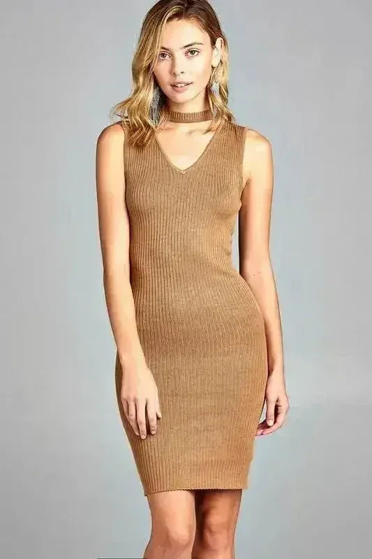 Women's Sleeveless V-Neck Choker Sweater Dress - Femstylo