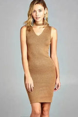 Women's Sleeveless V-Neck Choker Sweater Dress - Femstylo