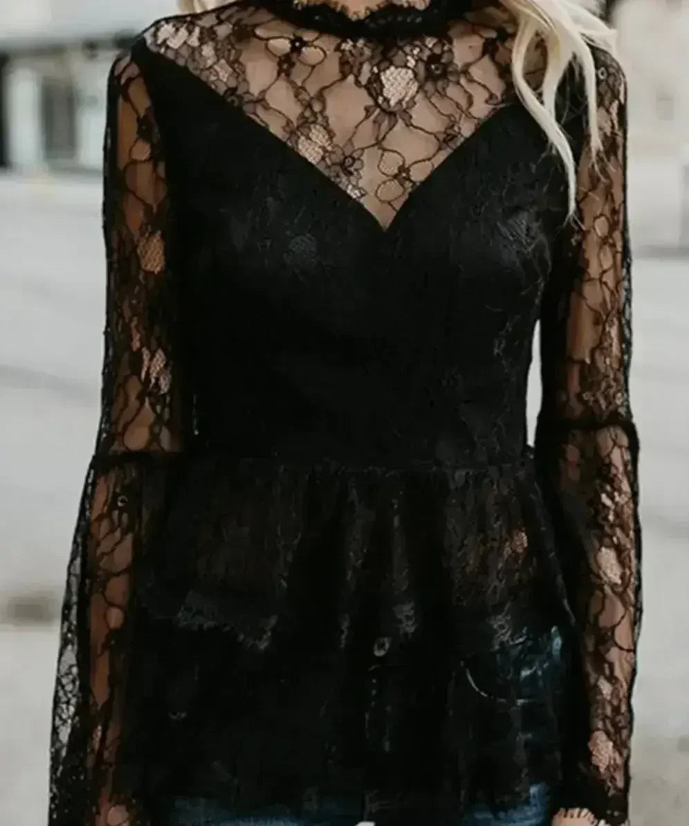 Women's Semi Lace Zipper Back Flare Sleeve Blouse | Femstylo - Femstylo