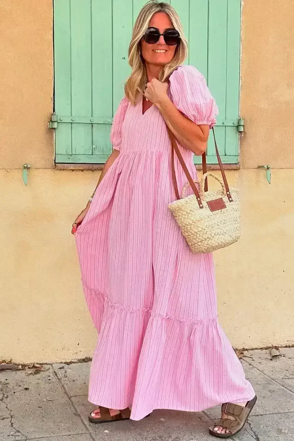 Pink Striped V Neck Puff Sleeve Frill Tiered Maxi Dress - Femstylo