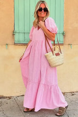 Pink Striped V Neck Puff Sleeve Frill Tiered Maxi Dress - Femstylo