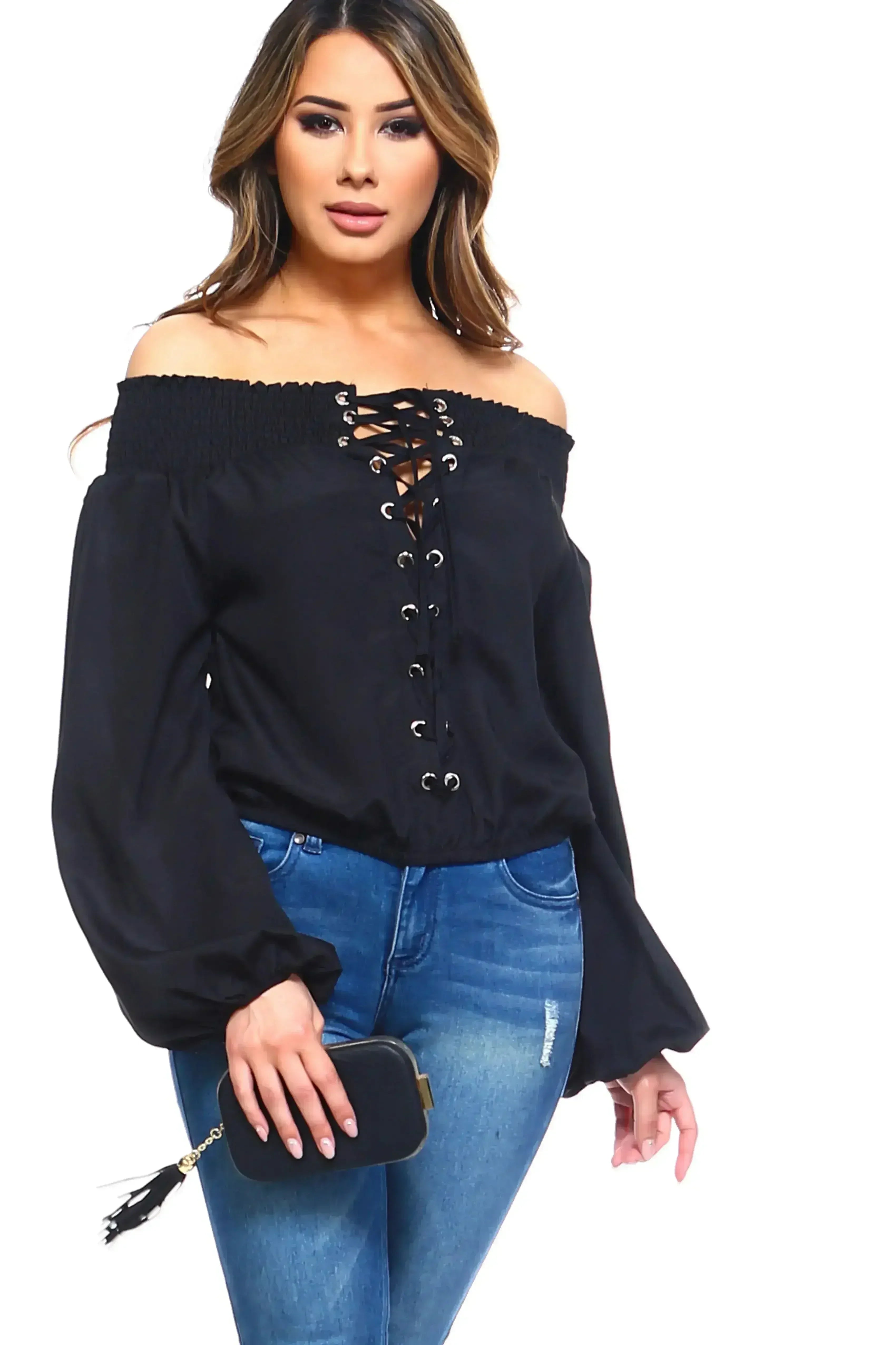 Women's Lace-Up Off Shoulder Elastic Blouse - Femstylo