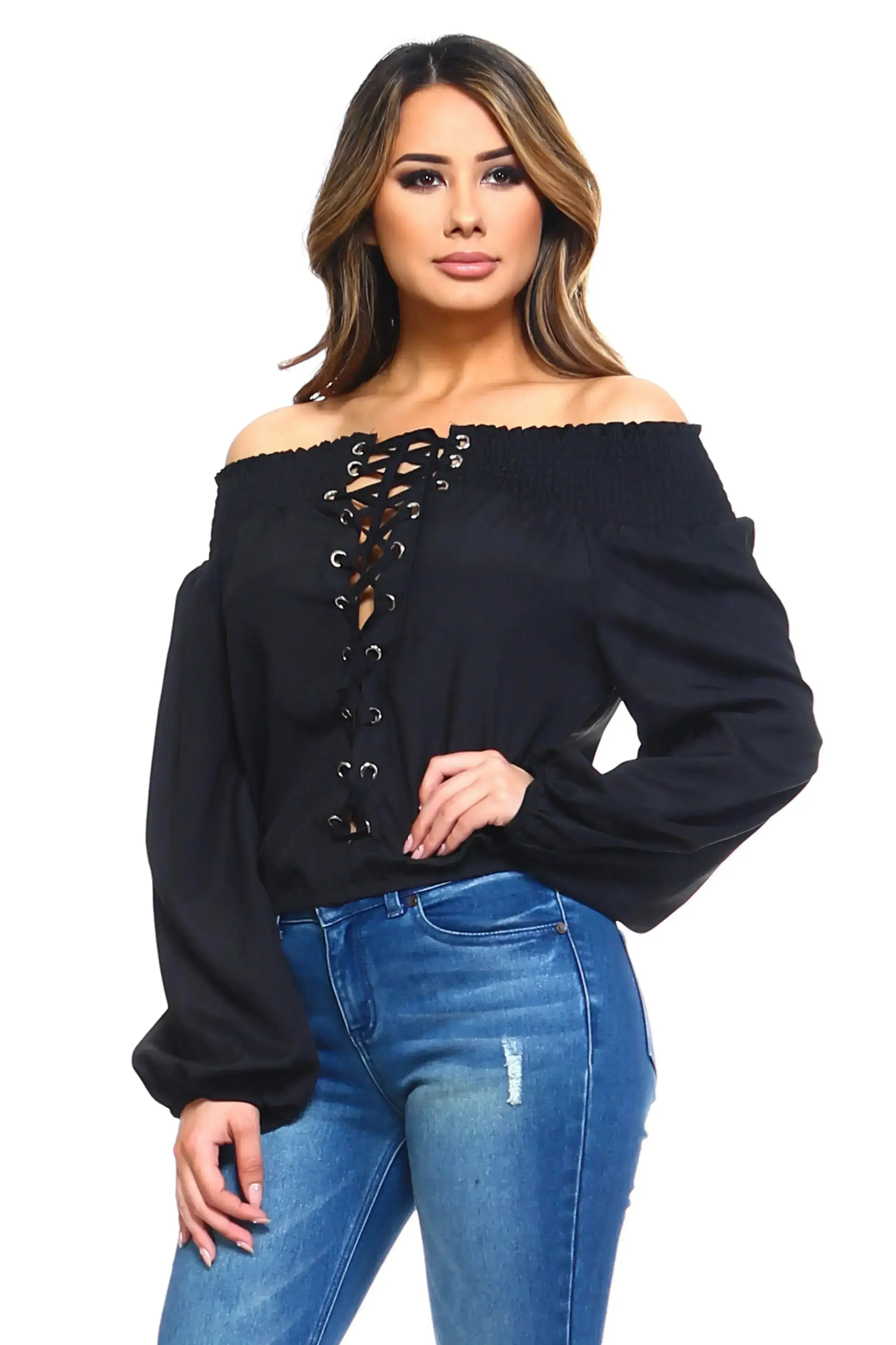 Women's Lace-Up Off Shoulder Elastic Blouse - Femstylo