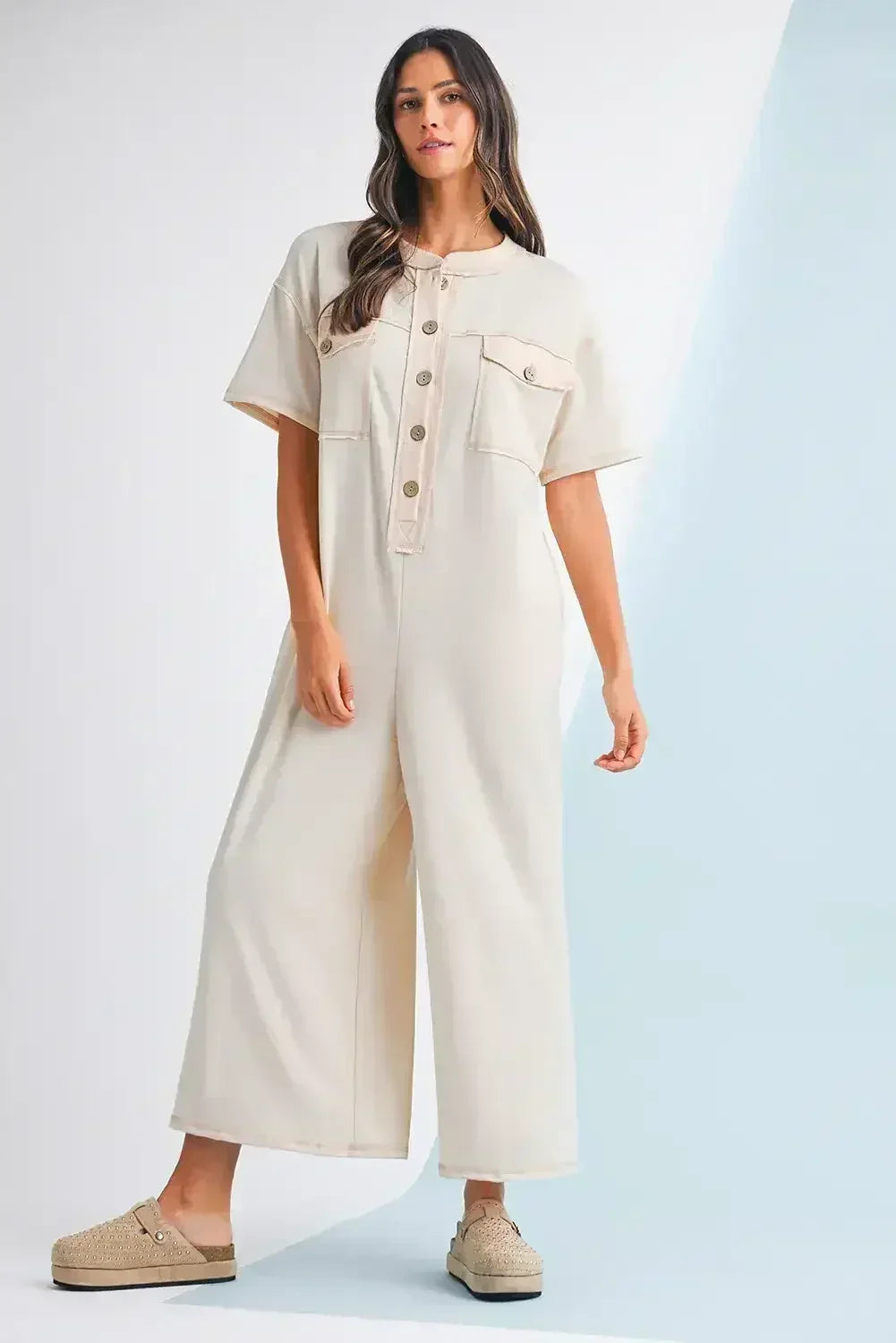 Jet Stream Patchwork Pocket Short Sleeve Jumpsuit - Femstylo
