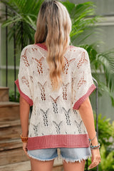 Delicacy Flowers Colorblock Edge Hollow Crochet Knit Top