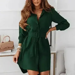 Knee-Length Casual A-Line Slim Fit Shirt Dress with Long Sleeves - Femstylo