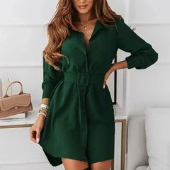 Knee-Length Casual A-Line Slim Fit Shirt Dress with Long Sleeves - Femstylo