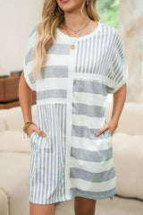 Gray Stripe Mixed Printed Short Sleeve Shift Mini T Shirt Dress - Femstylo