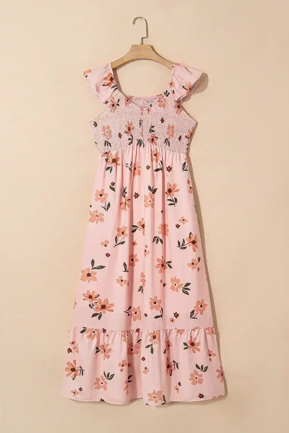 Pink Floral V Neck Smocked High Waist Ruffle Hem Maxi Dress - Femstylo