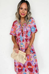 Rose Floral Print Tie Front High Waist Loose Midi Dress - Femstylo