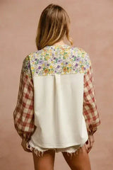 BiBi Floral Notched Plaid Balloon Sleeve Top - Femstylo