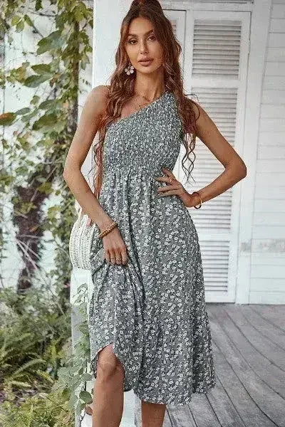 Floral one shoulder smocked dress - Femstylo