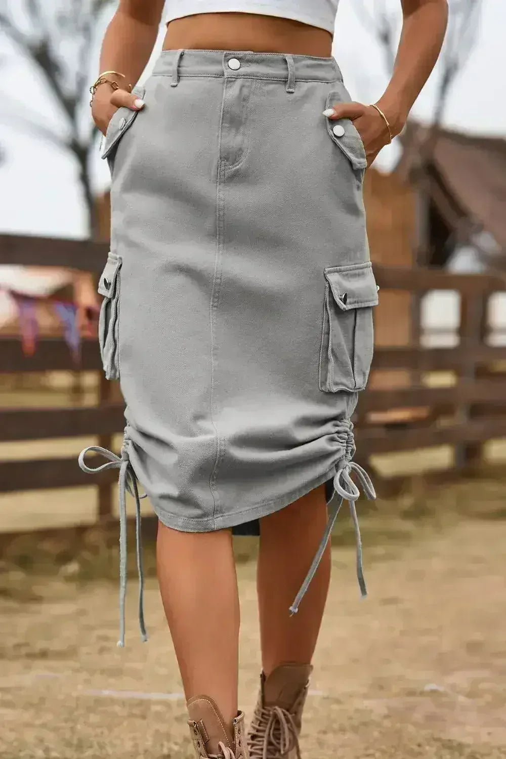Drawstring Denim Cargo Skirt - Femstylo
