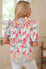 Pink Floral Print Striped Detail Split Neck Short Sleeve Blouse