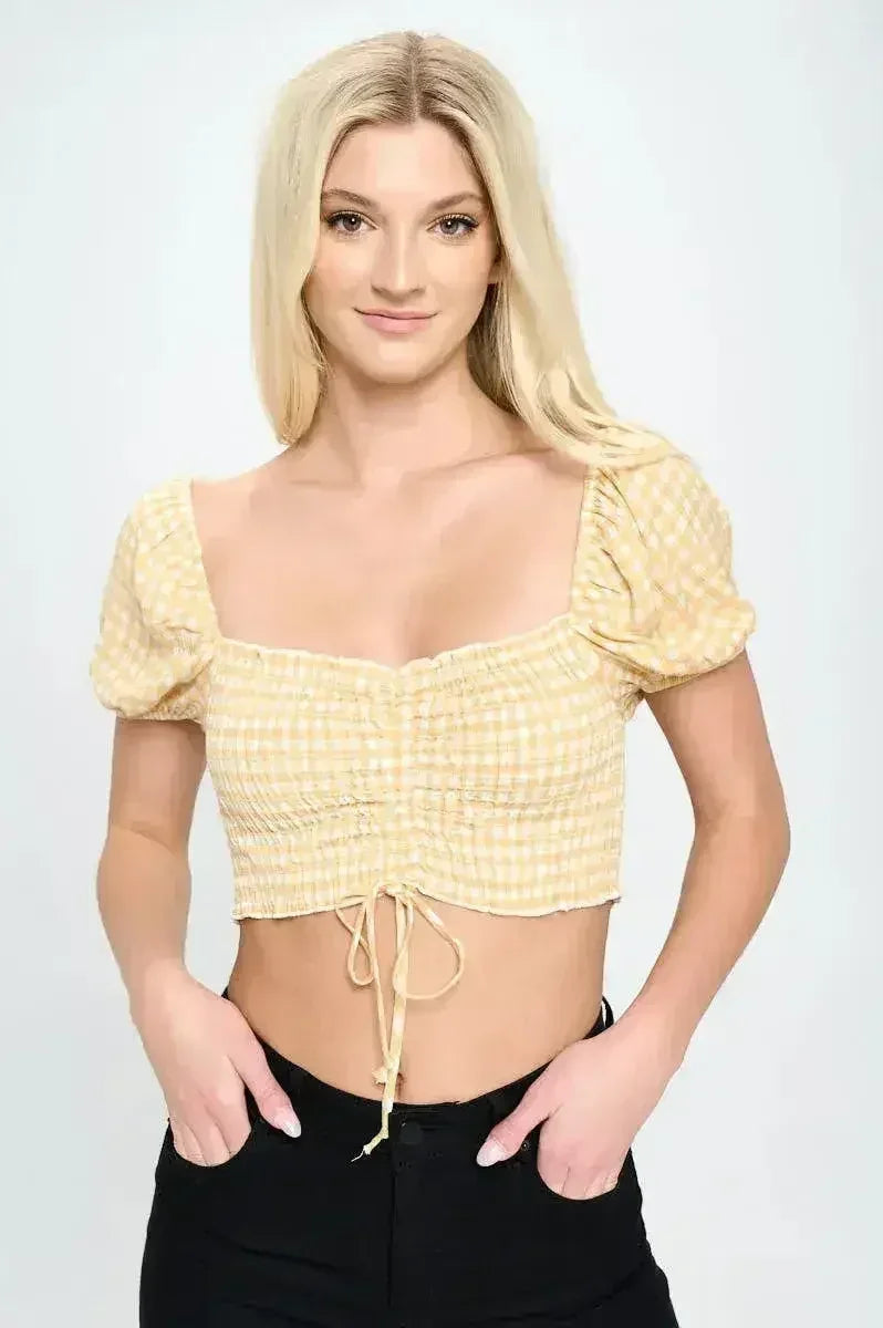 Gingham Smocked Crop Top with Puff Sleeves - Femstylo