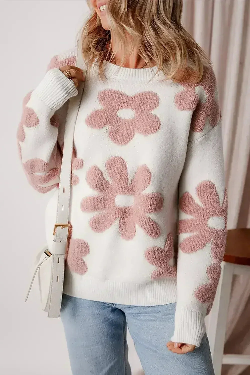 White Vintage Flower Drop Shoulder Loose Sweater - Femstylo