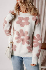 White Vintage Flower Drop Shoulder Loose Sweater - Femstylo