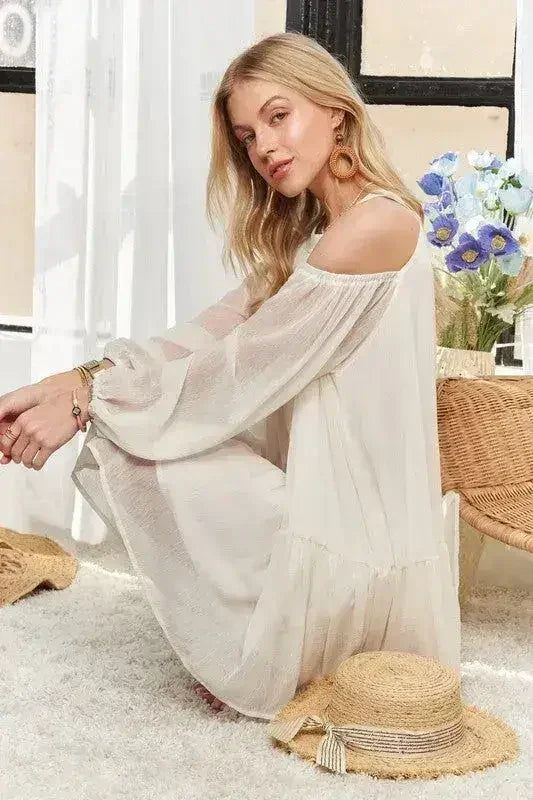 ADORA Cold Shoulder Balloon Sleeve Mini Dress - Femstylo