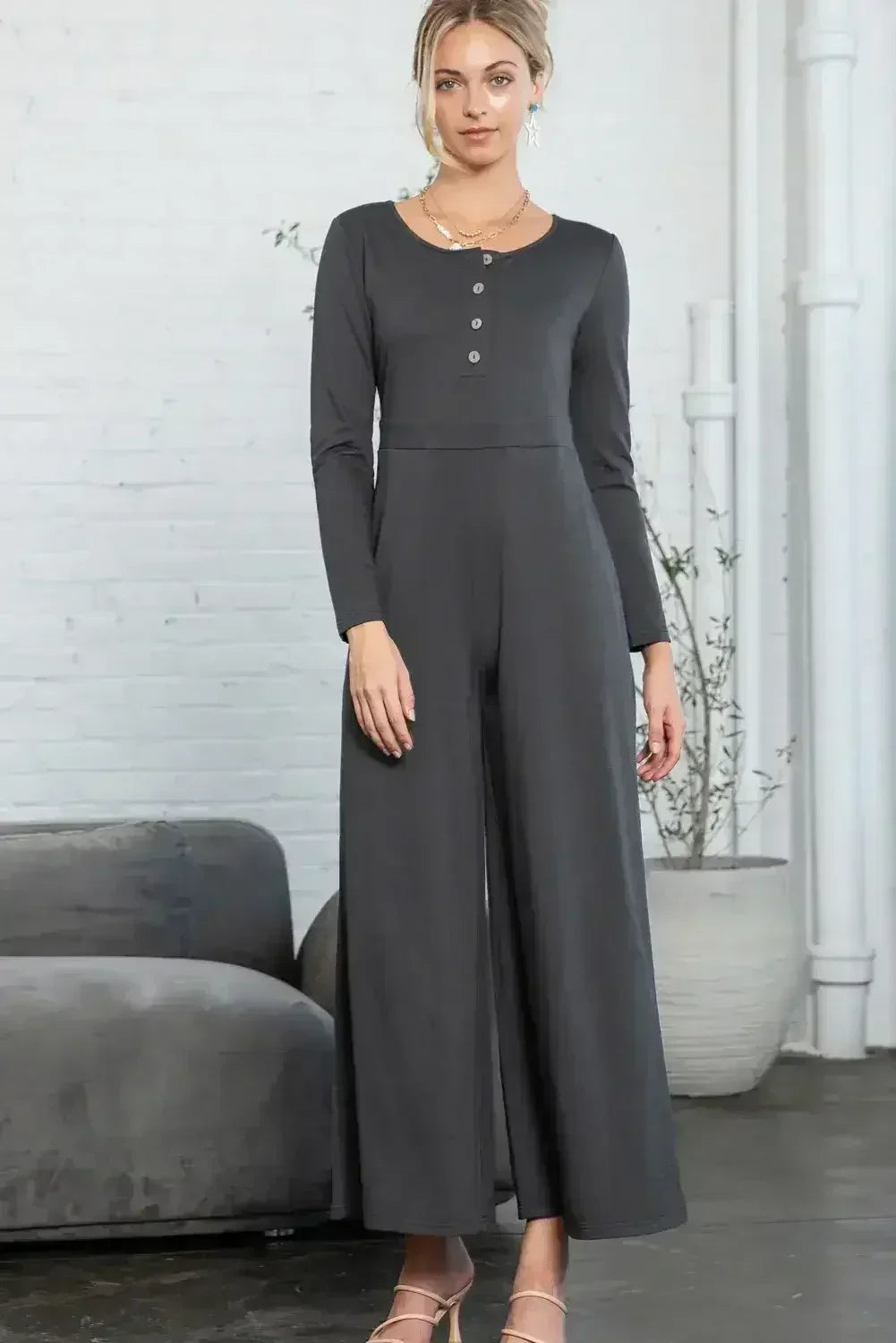 Dark Grey Henley Long Sleeve Wide Leg Jumpsuit with Pockets - Femstylo