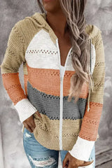 Womens Multicolor Zipped Front Colorblock Hollow-out Knit Hoodie - Femstylo