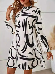Printed Mock Neck Long Sleeve Mini Dress - Femstylo