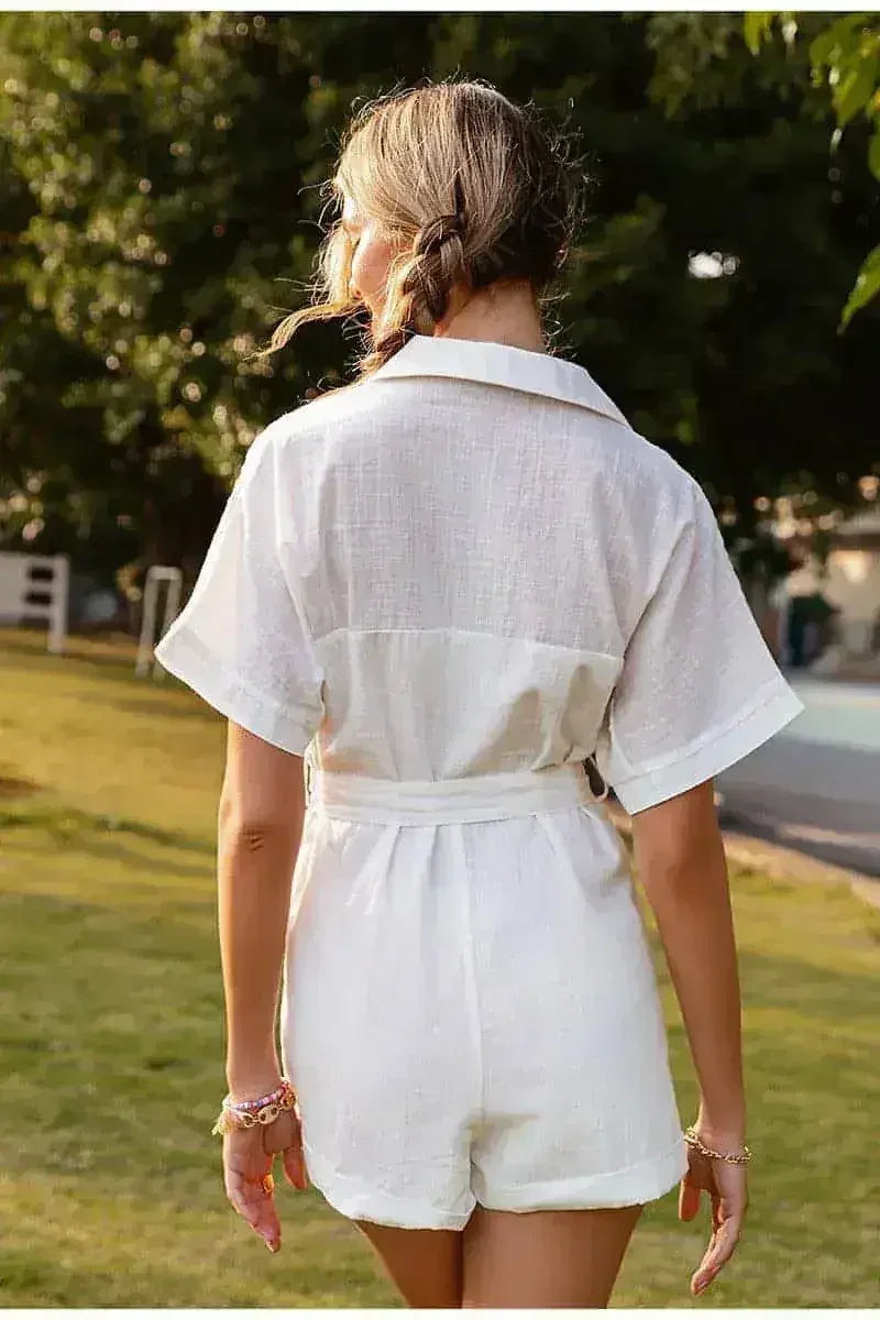 Pure Color Short-sleeved Lapel Tie Jumpsuit Casual Jumpsuit Women - Femstylo