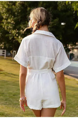 Pure Color Short-sleeved Lapel Tie Jumpsuit Casual Jumpsuit Women - Femstylo