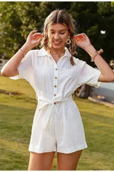 Pure Color Short-sleeved Lapel Tie Jumpsuit Casual Jumpsuit Women - Femstylo
