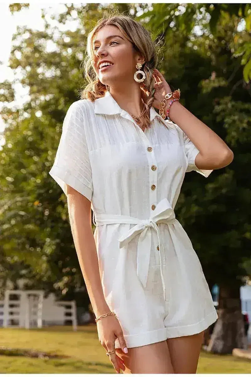 Pure Color Short-sleeved Lapel Tie Jumpsuit Casual Jumpsuit Women - Femstylo