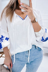 White Floral Embroidered Drawstring V Neck Blouse