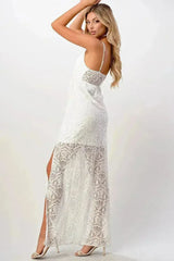 Elegant Black Lace Maxi Dress with Side Slit - Femstylo