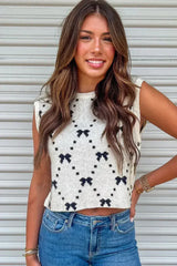 White Bow Pattern Buttoned Side Cropped Sweater Vest - Femstylo