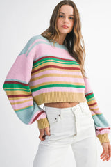 Multicolour Striped Knit Ribbed Trim Boxy Fit Cropped Sweater