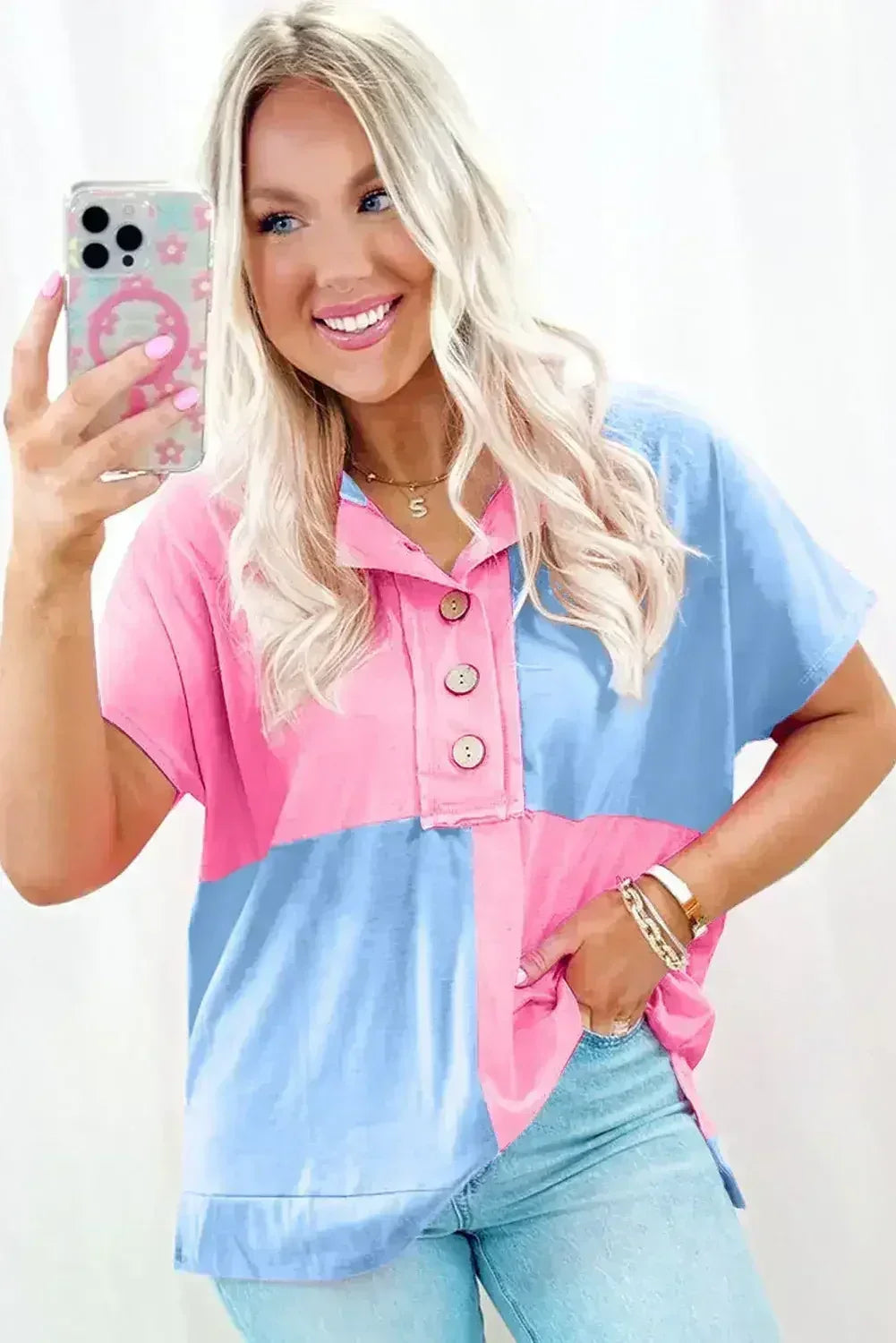 Mint Green Colorblock Half Buttons Henley T Shirt - Femstylo