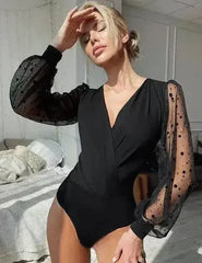 Crotch Polka dot mesh Long Sleeve V Neck Bodysuit - Femstylo