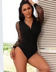 Crotch Polka dot mesh Long Sleeve V Neck Bodysuit - Femstylo