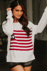 White American Flag Cable Knit Drop Shoulder Sweater - Femstylo