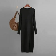 Autumn And Winter Long Sleeve Knitted Backless Round Neck Dress - Femstylo